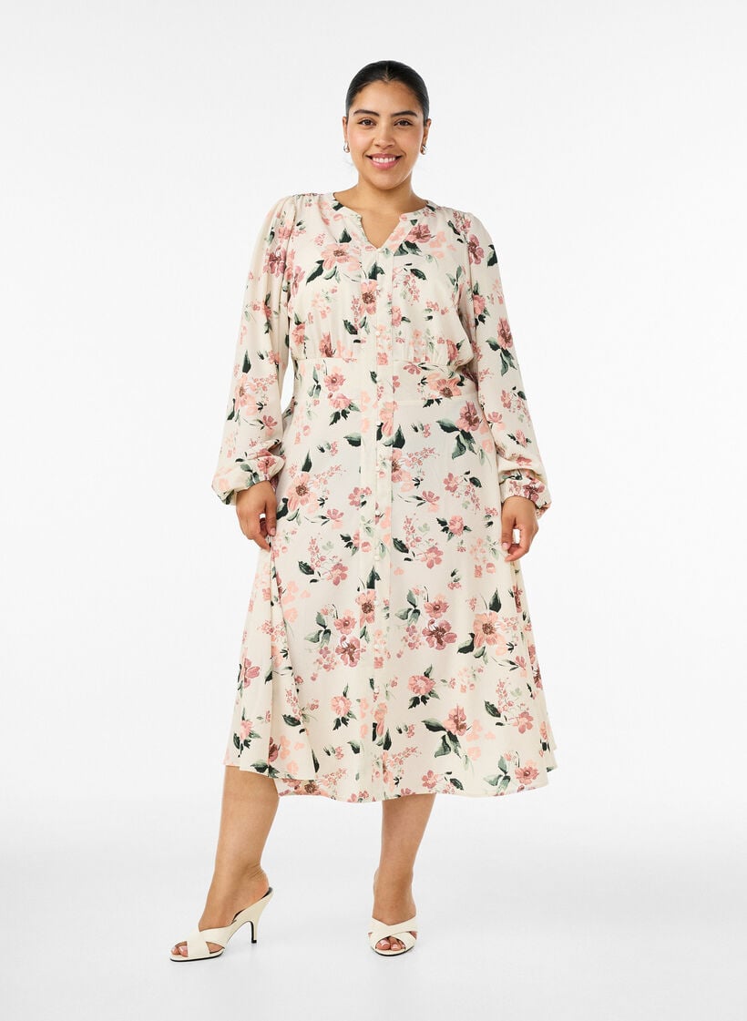 Robe midi avec smocks et boutons d&eacute;coratifs, Beige, Model image number 0