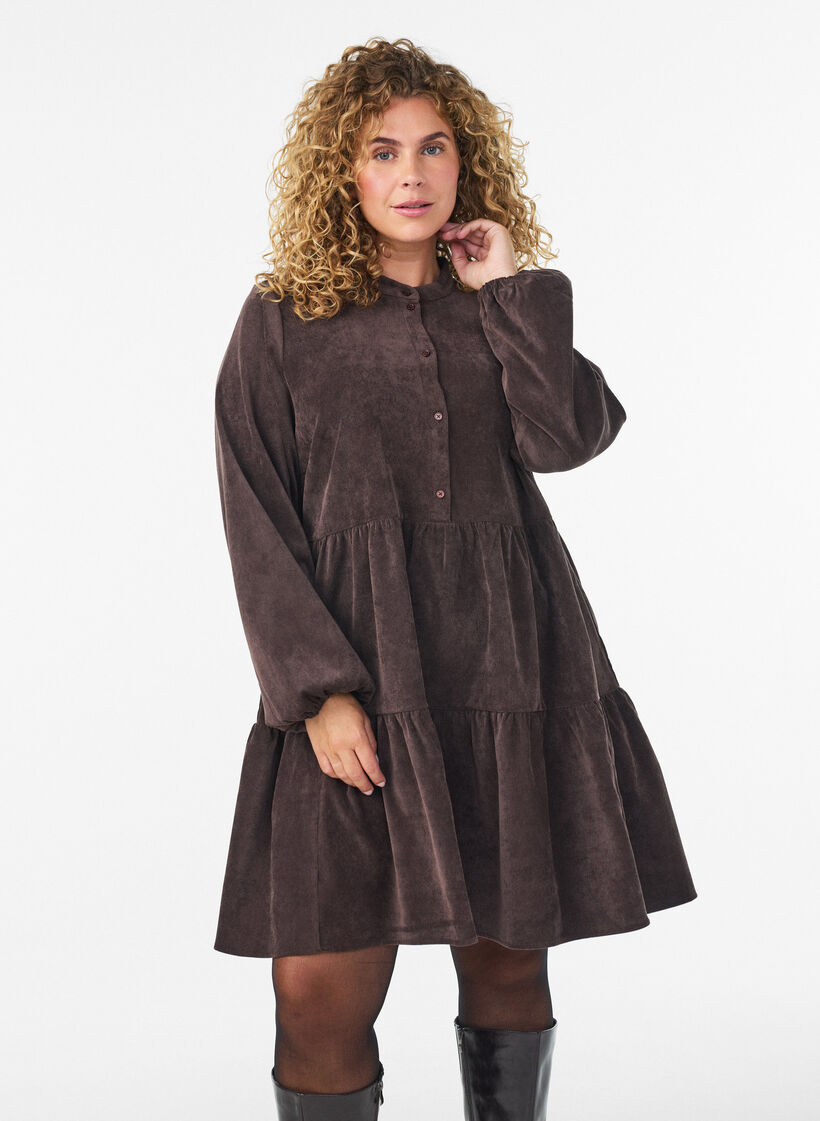 Corduroy jurk met A-lijn en opstaande kraag, Bruin, Model image number 0