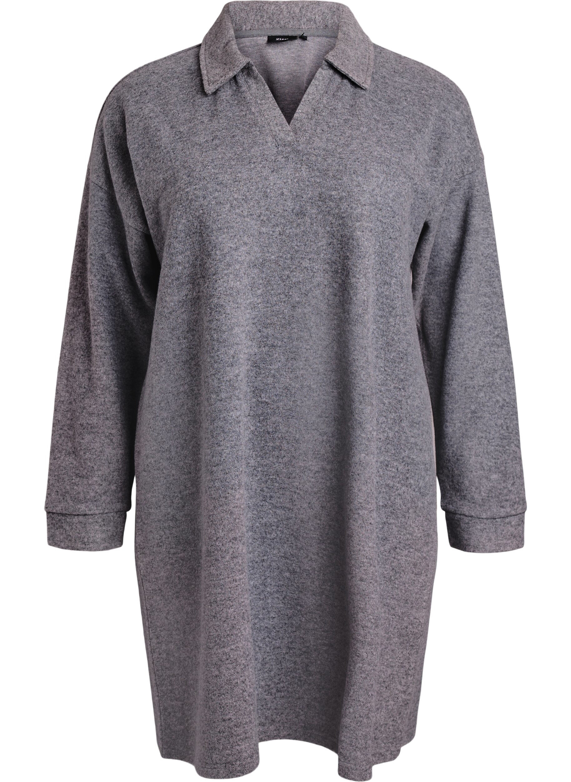 Jurk tot de knie van jersey met V-hals en kraag