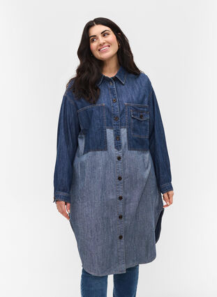 Veste chemise longue en jean, Blue denim, Model image number 0
