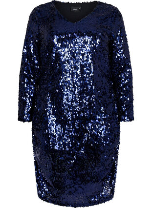 Robe avec paillettes et col en V, Evening Blue, Packshot image number 0