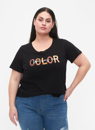 T-shirt in katoen met opdruk, Black COLOR, Model image number 0