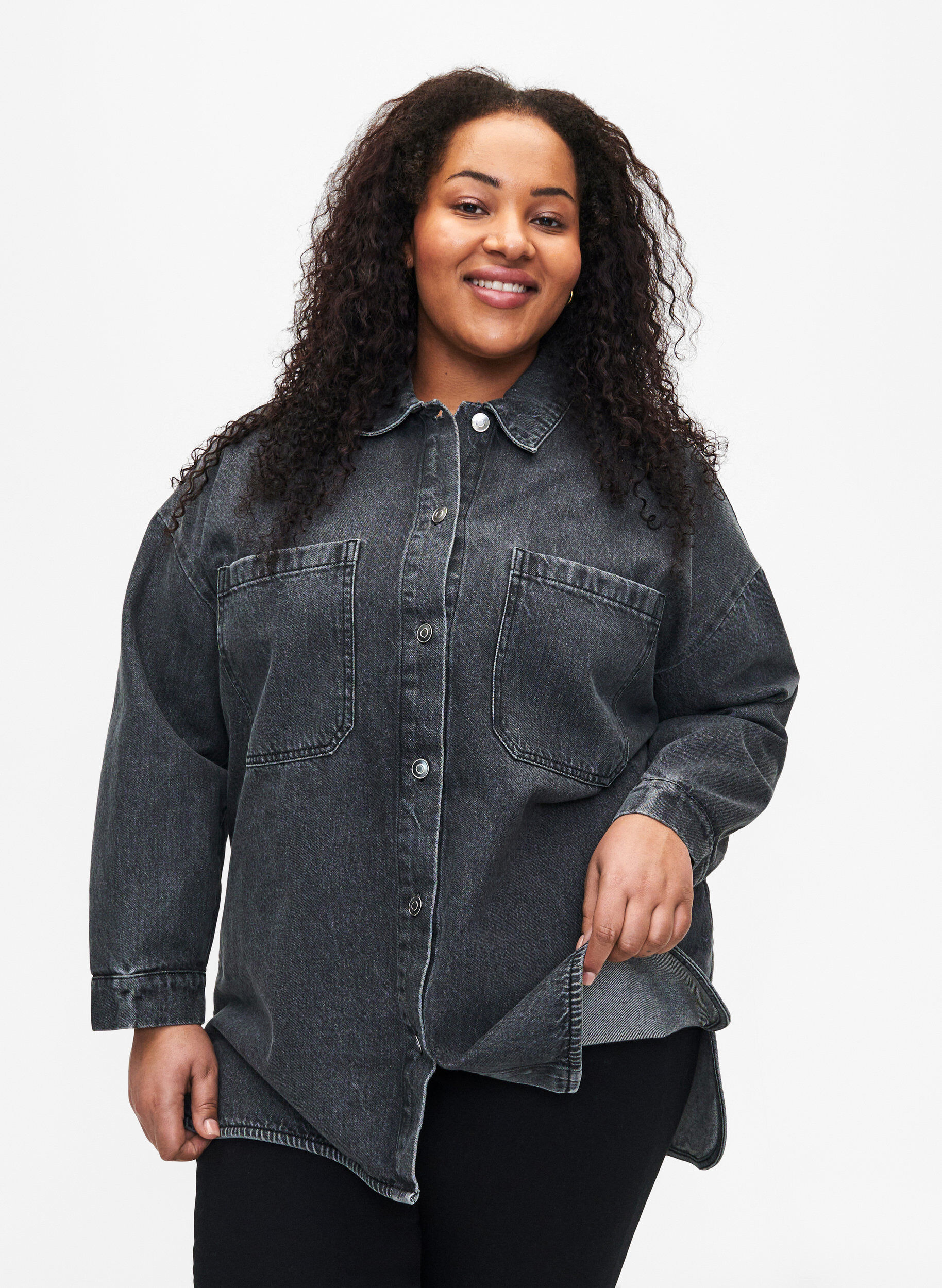 Zizzi Veste en jean ample avec boutons, Grey Denim, Model image number 0