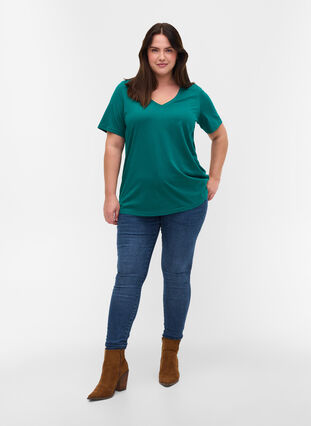 T-shirt en coton bio à col V, Teal Green, Model image number 2
