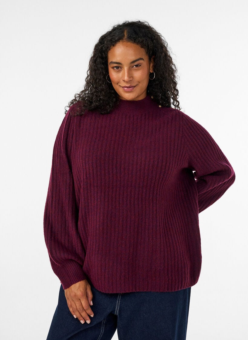 Pull c&ocirc;tel&eacute; &agrave; manches bouffantes et boutons, Bordeaux fonc&eacute;, Model image number 0