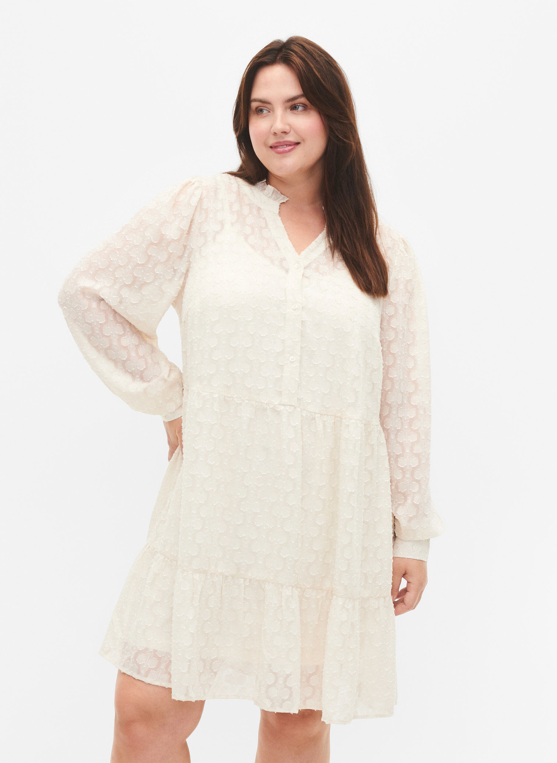 ZizziJacquard jurk met ruche kraag, Birch, Model image number 0