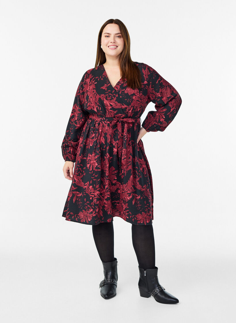 Robe mi-longue avec ceinture à nouer et effet portefeuille, Noir, Model image number 1