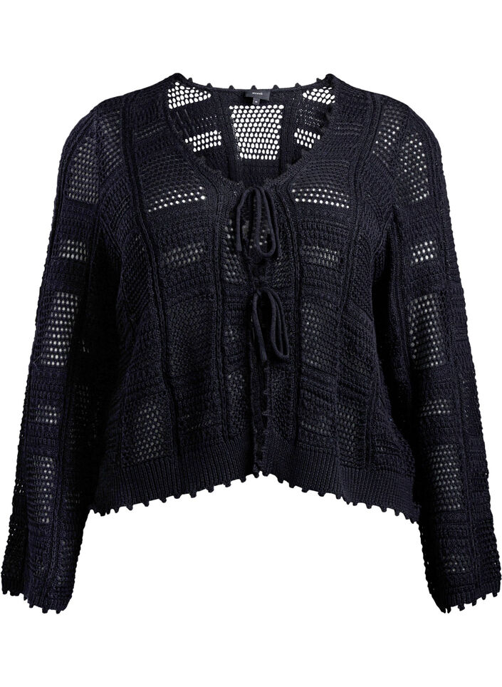 Cardigan en maille avec liens et motifs ajourés, Noir, Packshot image number 0