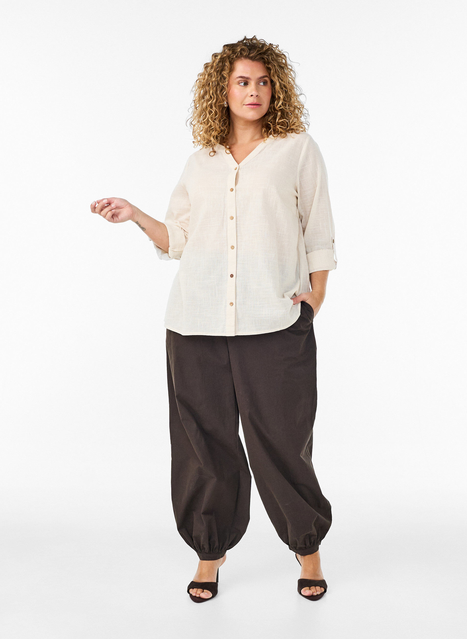ZizziKatoenen blouse met een V-hals, Vanille, Model image number 1