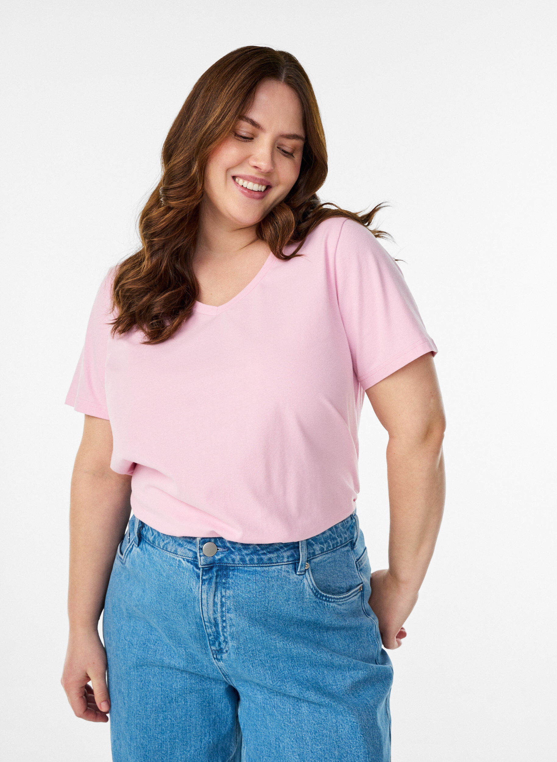 T-shirt basic uni en coton, Rose, Model