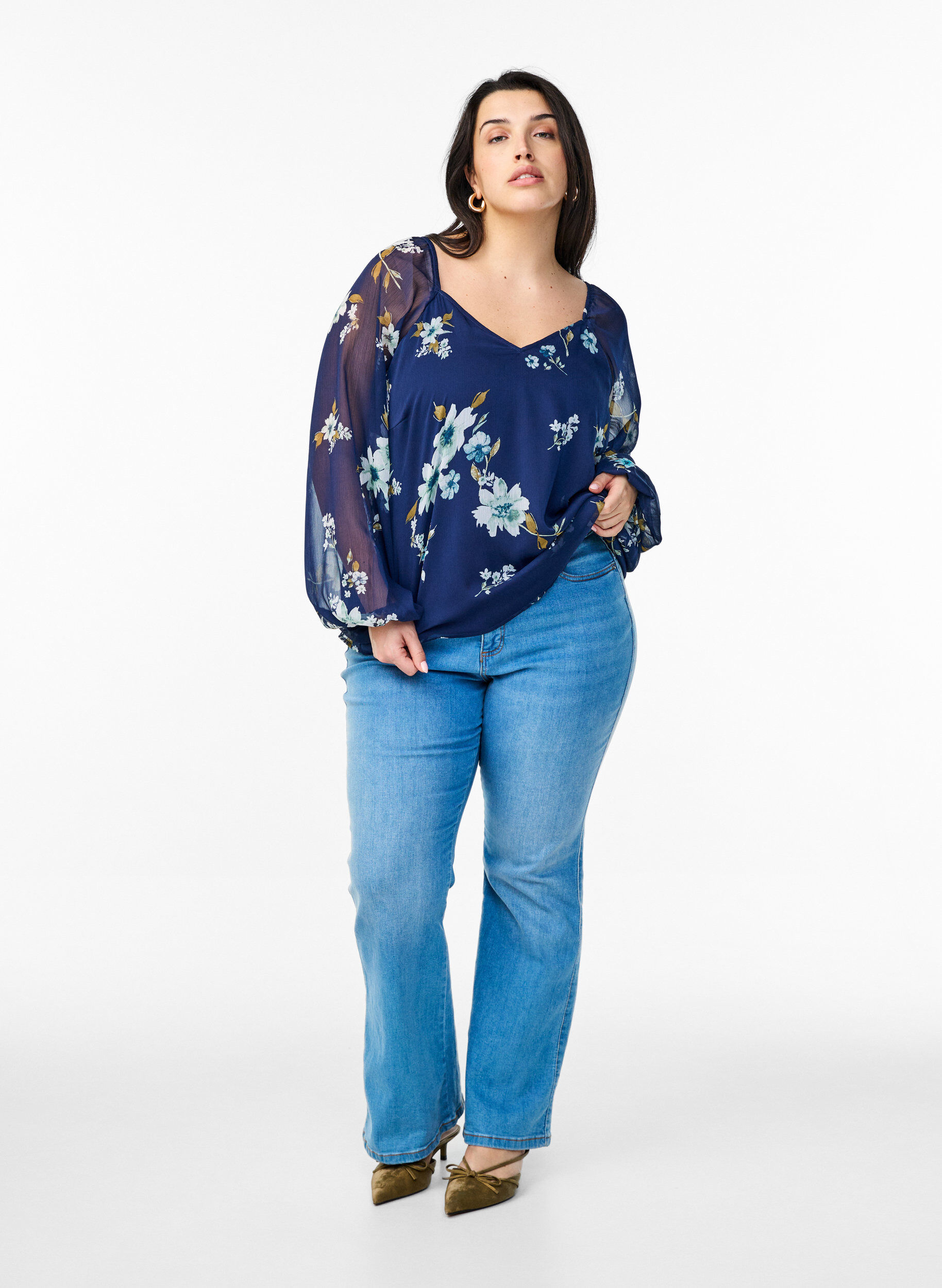 ZizziChiffon blouse met bloemenprint en lange mouwen, Blauw, Model image number 1