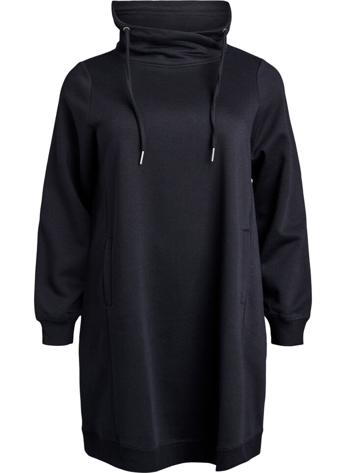 Robe sweat-shirt courte &agrave; col montant et poches, Noir, Packshot image number 0