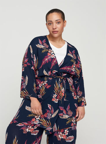 Viscose kimono met bloemenprint en striksluiting, Indian Summer Flower, Model image number 0