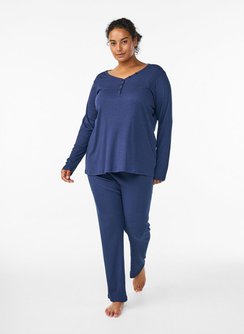 Bas de pyjama à texture côtelée et taille élastique, Bleu, Model image number 0