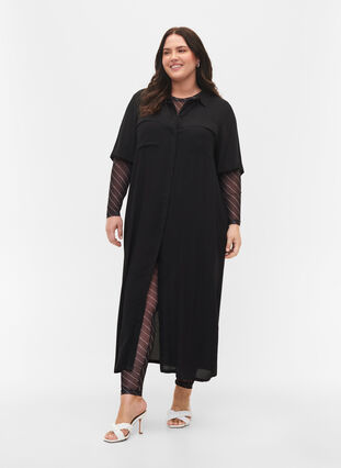 Robe chemise à manches courtes en viscose, Black, Model image number 0