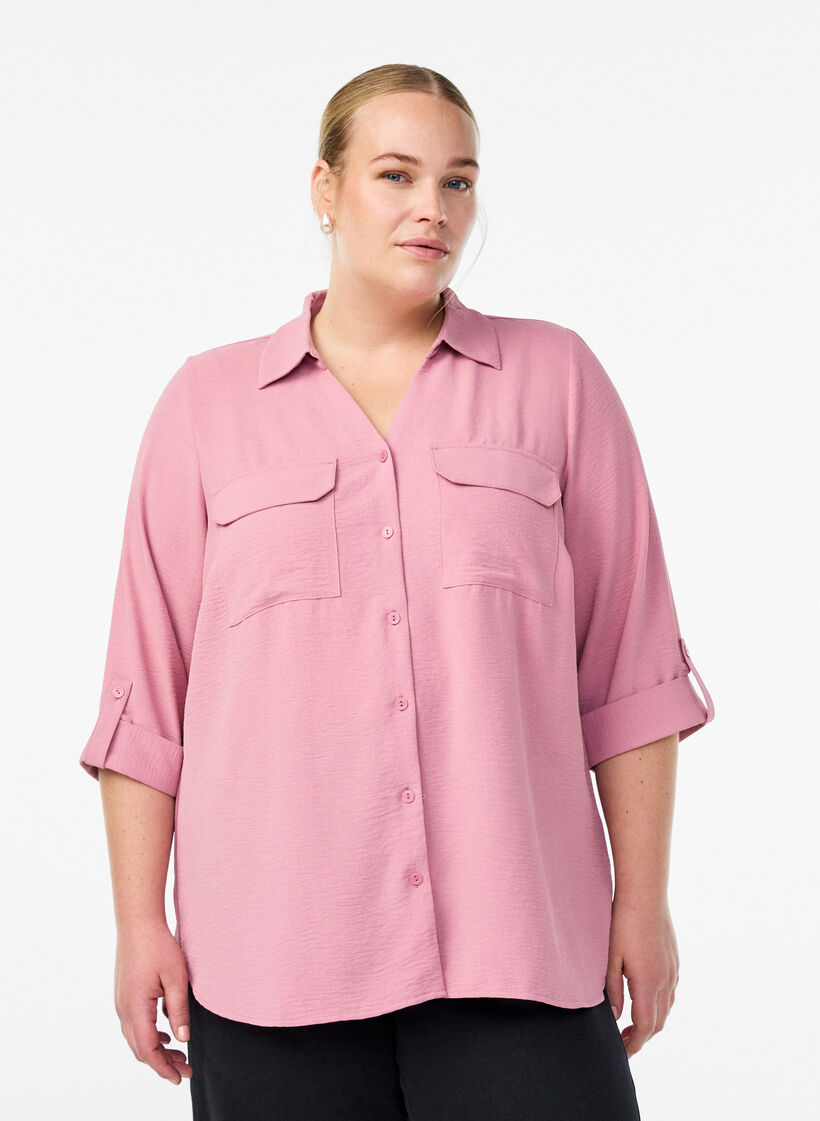 Shirt met 3/4 mouwen en borstzakken, Roze, Model image number 0