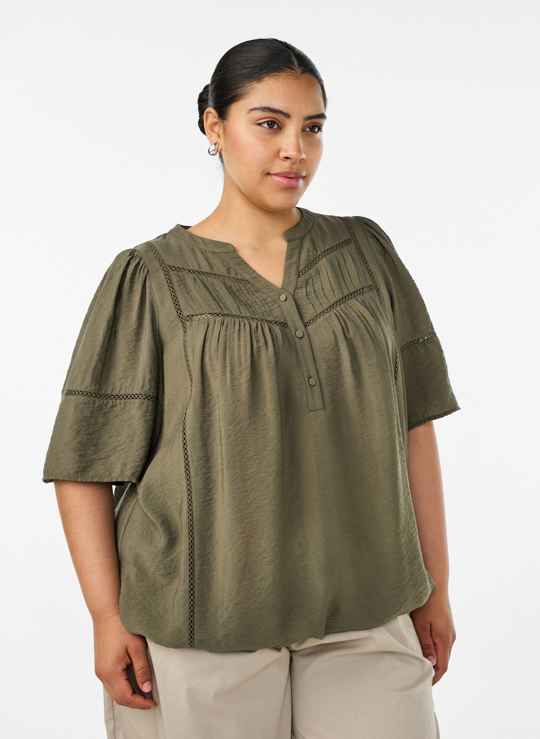 ZizziBlouse en viscose avec nervures et effet ballon, Vert Kaki, Model image number 0
