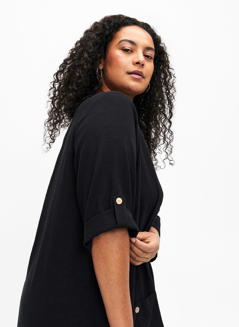 Tuniek met 3/4 mouwen van katoenmix en linnen, Black, Model image number 2