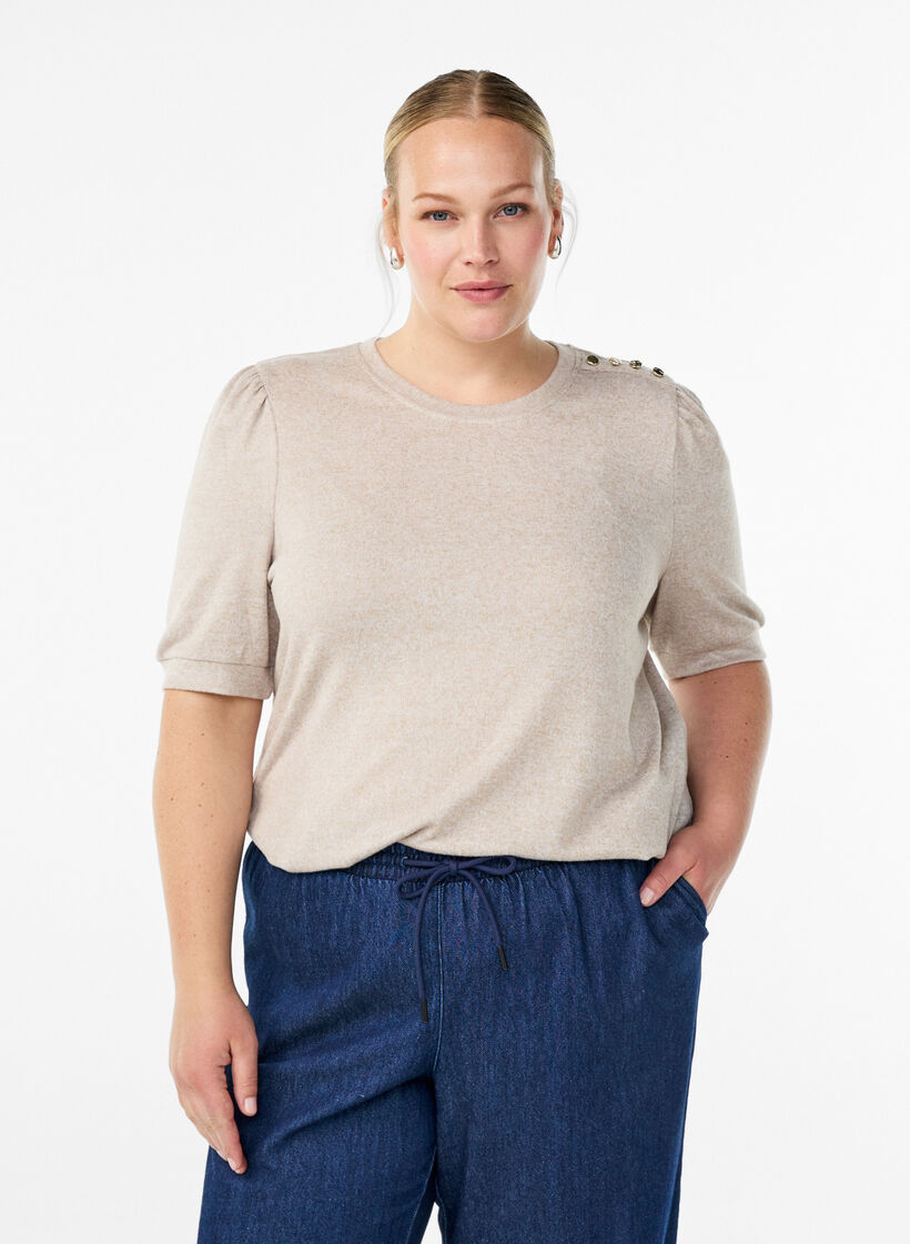 Chemisier avec d&eacute;tails boutons et manches courtes bouffantes, Beige, Model image number 0