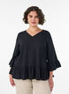 Blouse textur&eacute;e avec col V et volants, Noir, Model image number 0