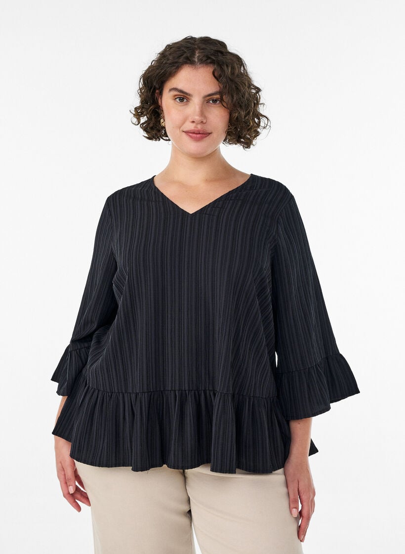 Blouse textur&eacute;e avec col V et volants, Noir, Model image number 0