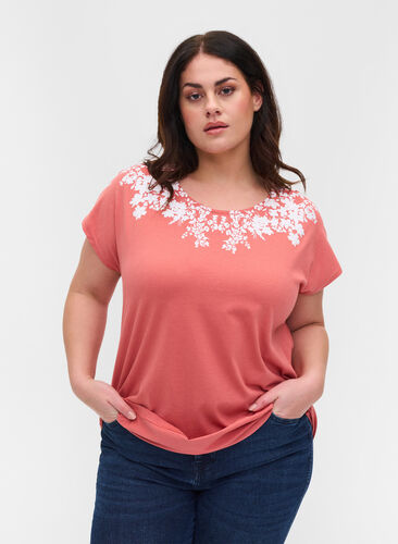 T-shirt en coton avec détails imprimés, Faded RoseMel feath, Model image number 0