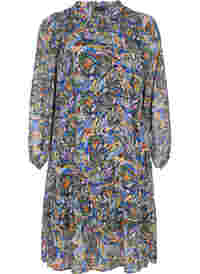 Kleurrijke midi-jurk met smock en lange mouwen