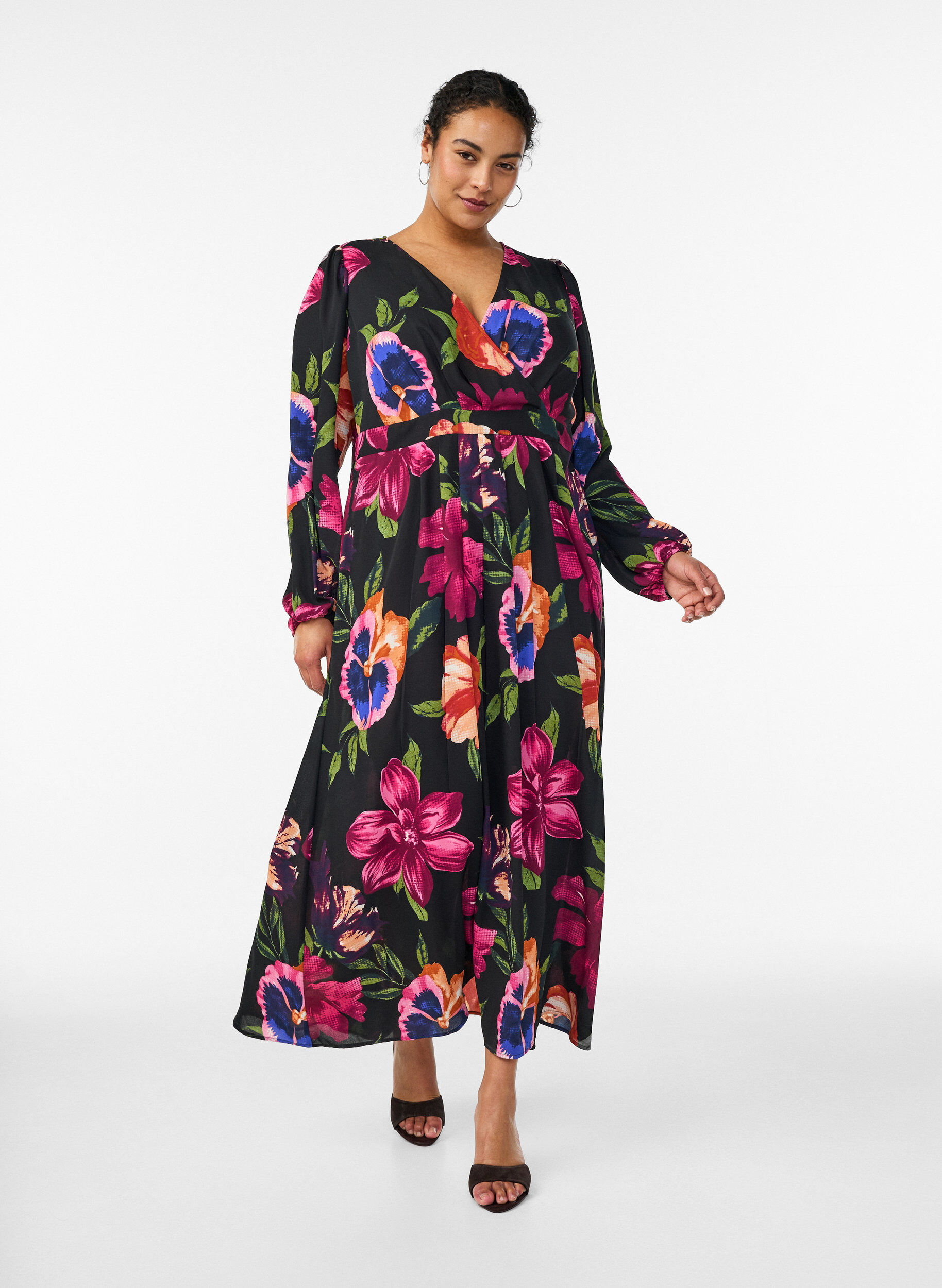 Maxijurk met overslaghals en lange mouwen, Zwart, Model