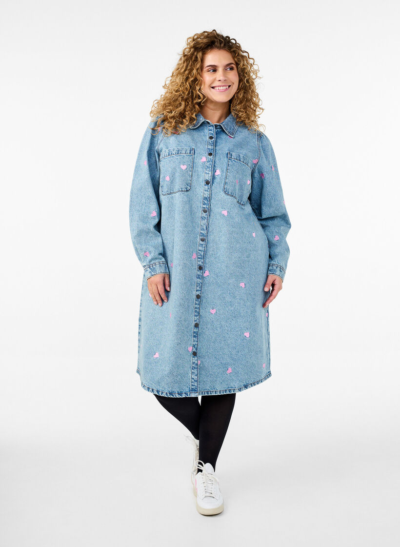 Robe Denim avec cœurs et poches de poitrine, Bleu Clair, Model image number 0
