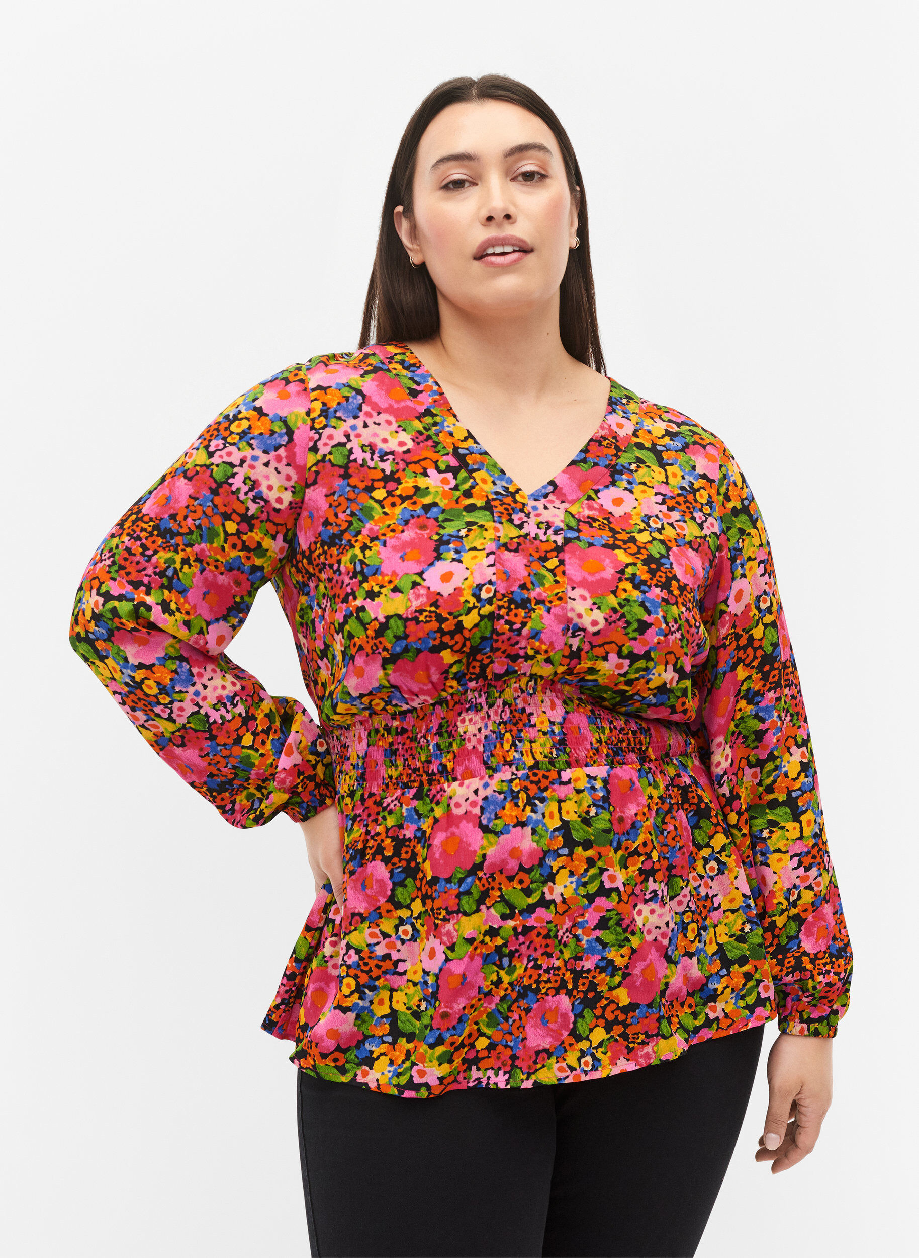 Viscose blouse met bloemenprint en smok, Neon Flower Print, Model