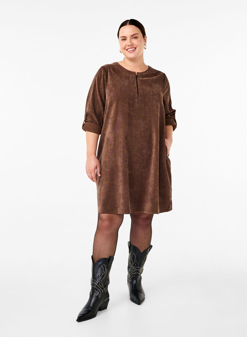 Robe en velours avec d&eacute;tail de fermeture &eacute;clair, Chocolate Martini, Model image number 2