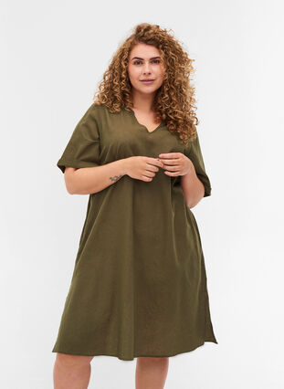 Robe à manches courtes en coton mélangé avec du lin, Ivy Green, Model image number 0