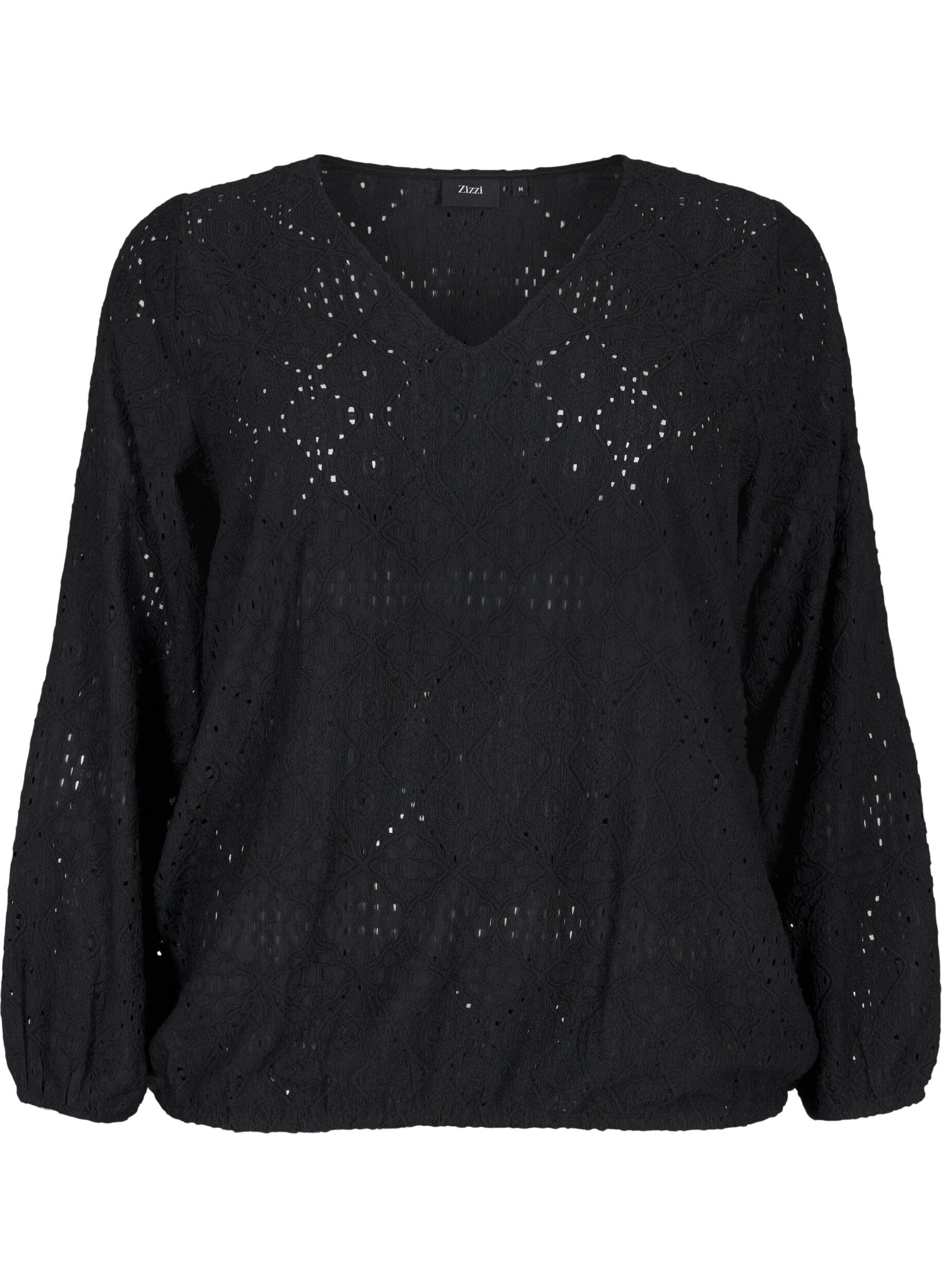 ZizziBlouse met lange mouwen, V-hals en gaatjespatroon, Black, Packshot image number 0