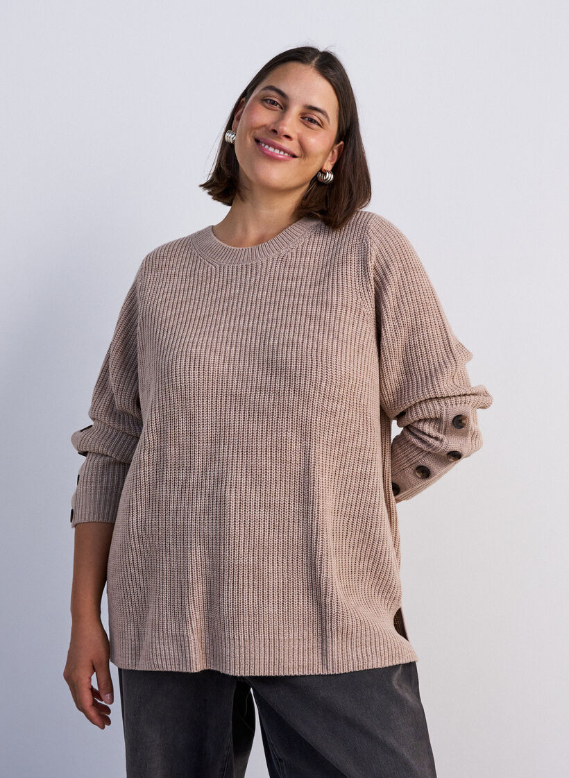 Gebreide blouse met ribstructuur en knoopdetails, Beige, Model image number 0