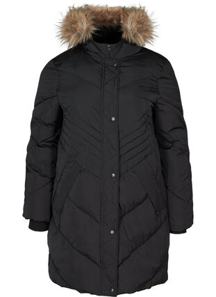 Veste d'hiver avec capuche et col en fausse fourrure, Black, Packshot image number 0