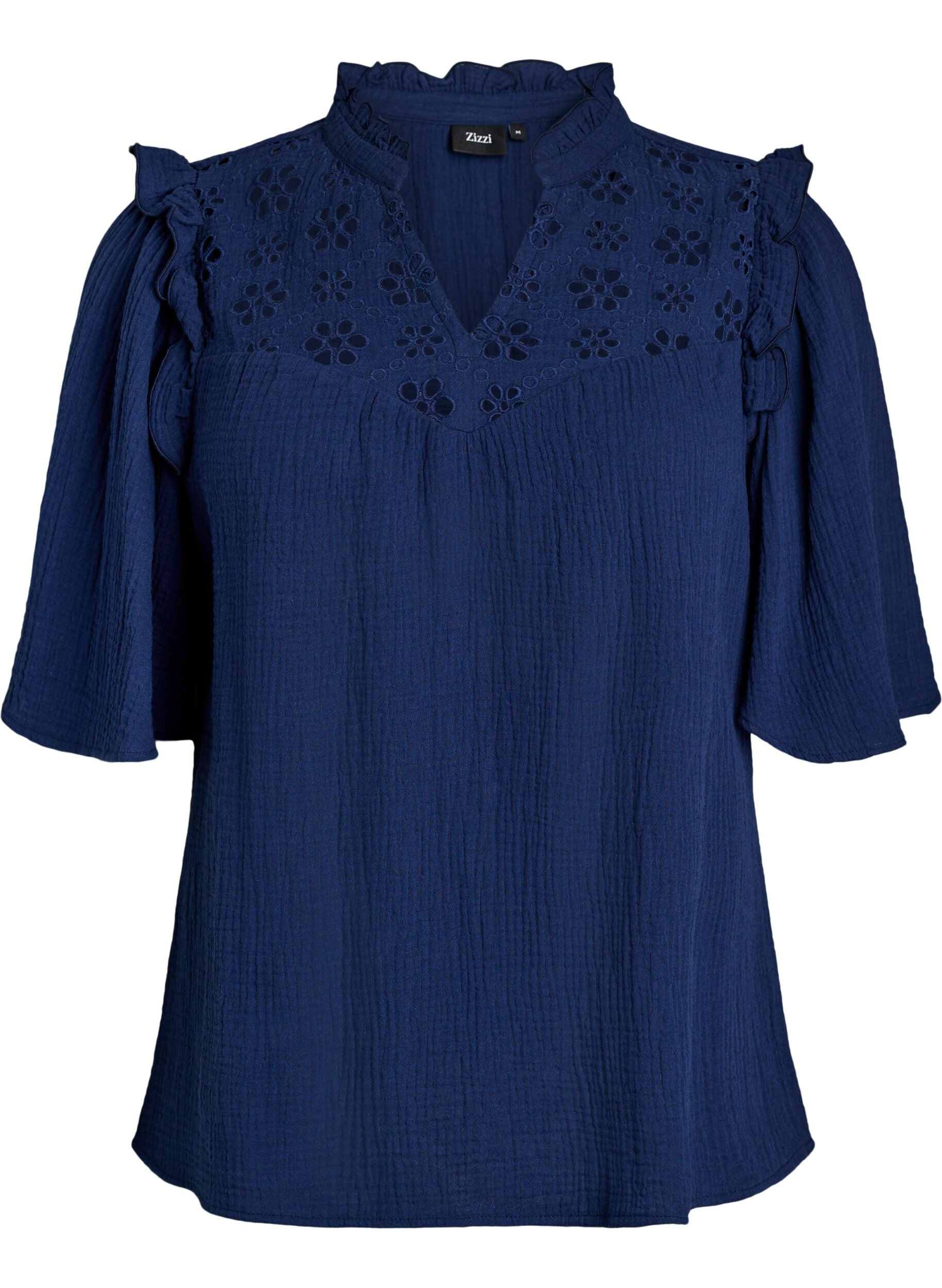Zizzi Blouse en mousseline de coton avec broderie anglaise et manches 1/2, Bleu, Packshot image number 0