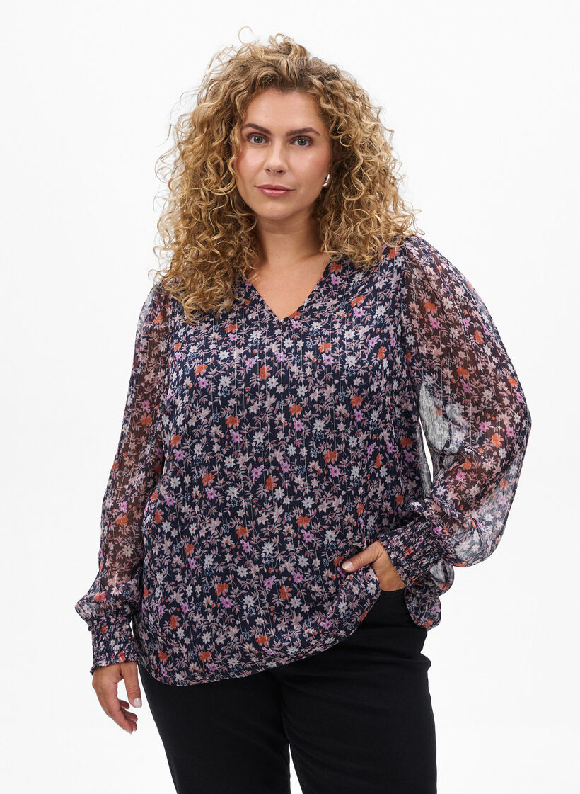 Blouse met bloemenprint en glitterdraad, Blauw, Model image number 0