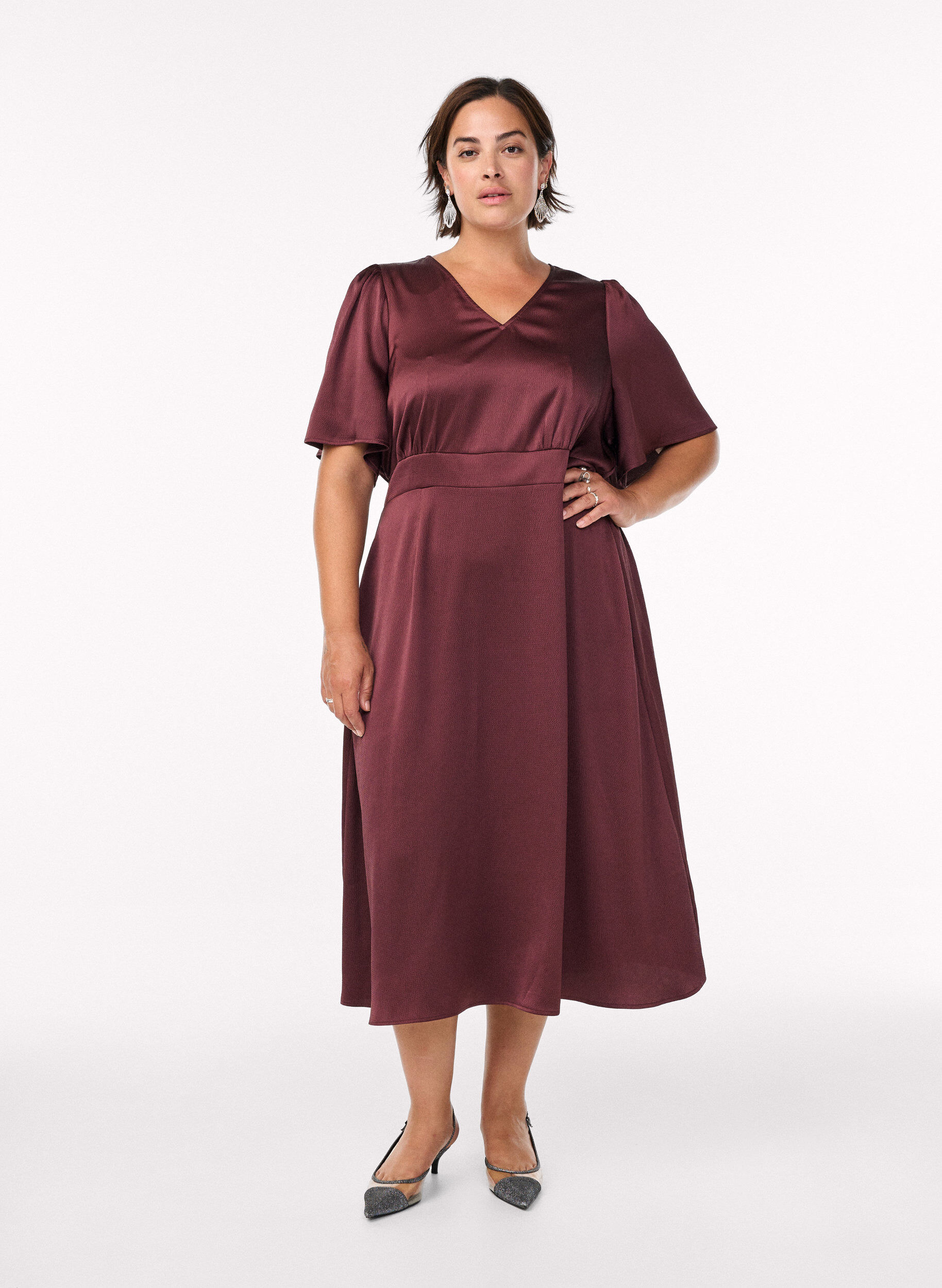 Empire feestjurk in midi lengte, Donker Bordeaux, Model