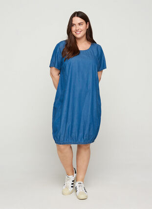 Denim jurk met zakken en korte mouwen, Blue denim, Model image number 2