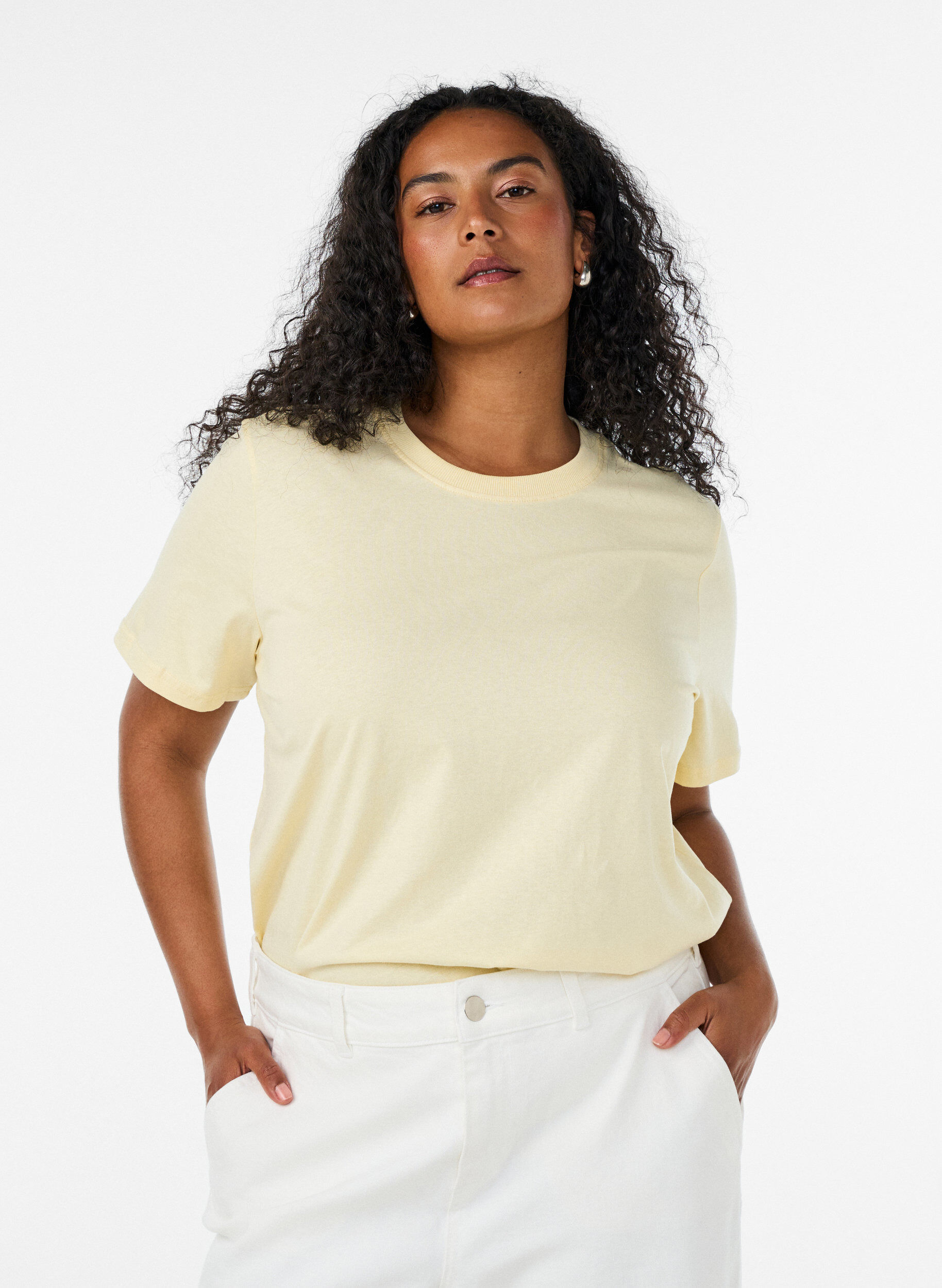 ZizziBasic katoenen T-shirt met ronde hals, Geel, Model image number 0