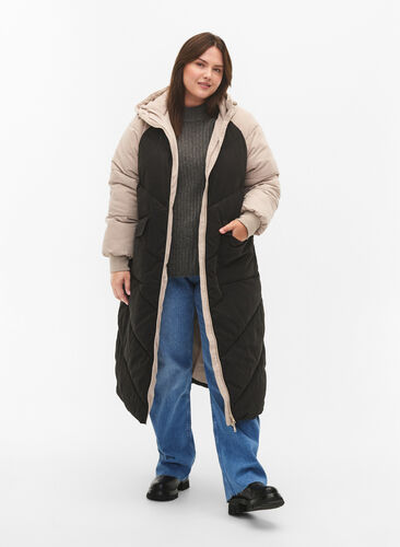 Veste d'hiver longue à capuche avec blocs de couleurs, Black Comb, Model image number 3