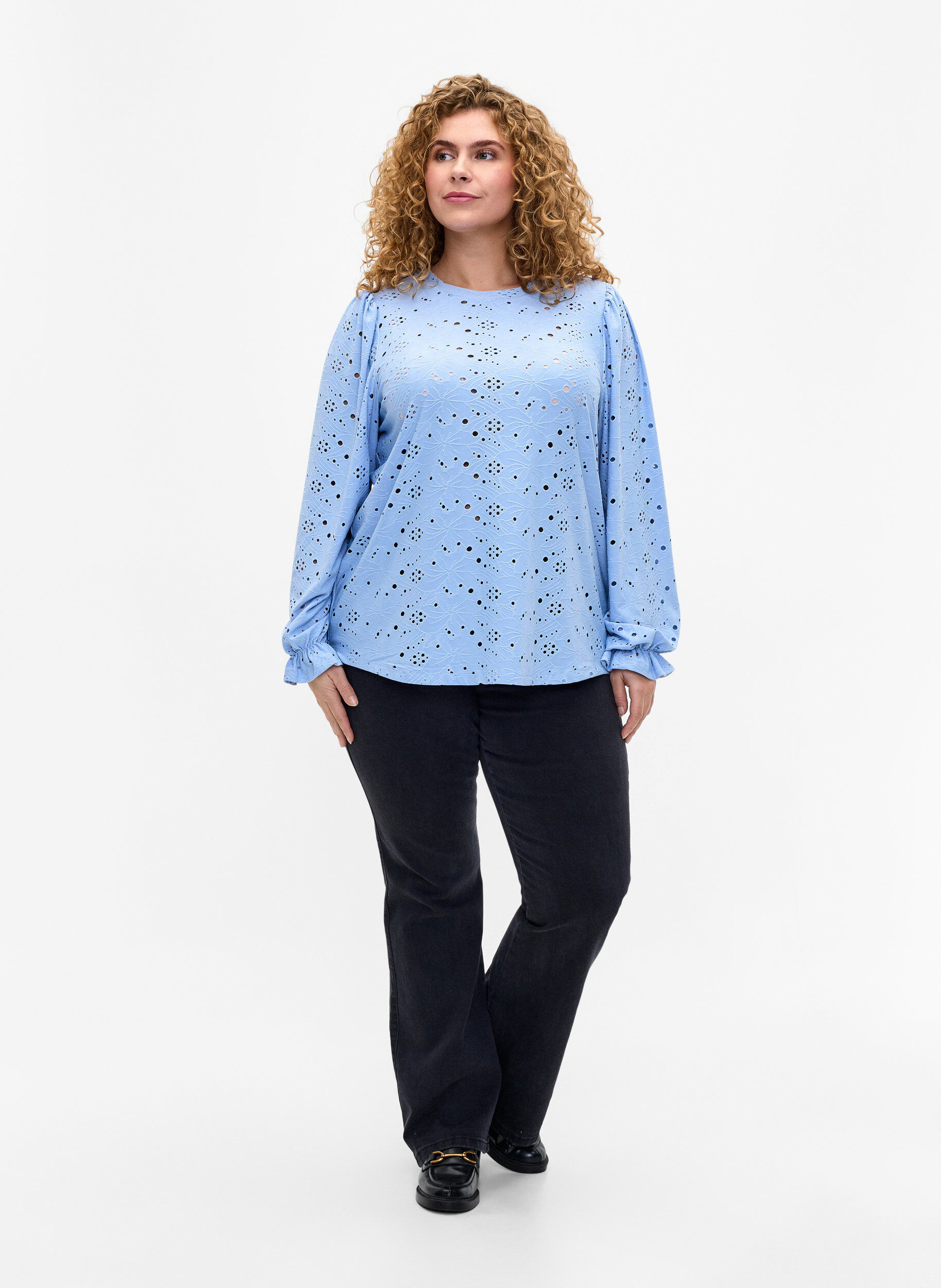 ZizziBlouse met lange mouwen en gaatjespatroon, Serenity, Model image number 2