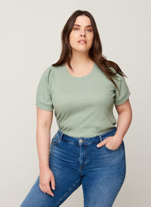 T-shirt met korte mouwen in rib en viscosemix, Lily Pad, Model image number 0