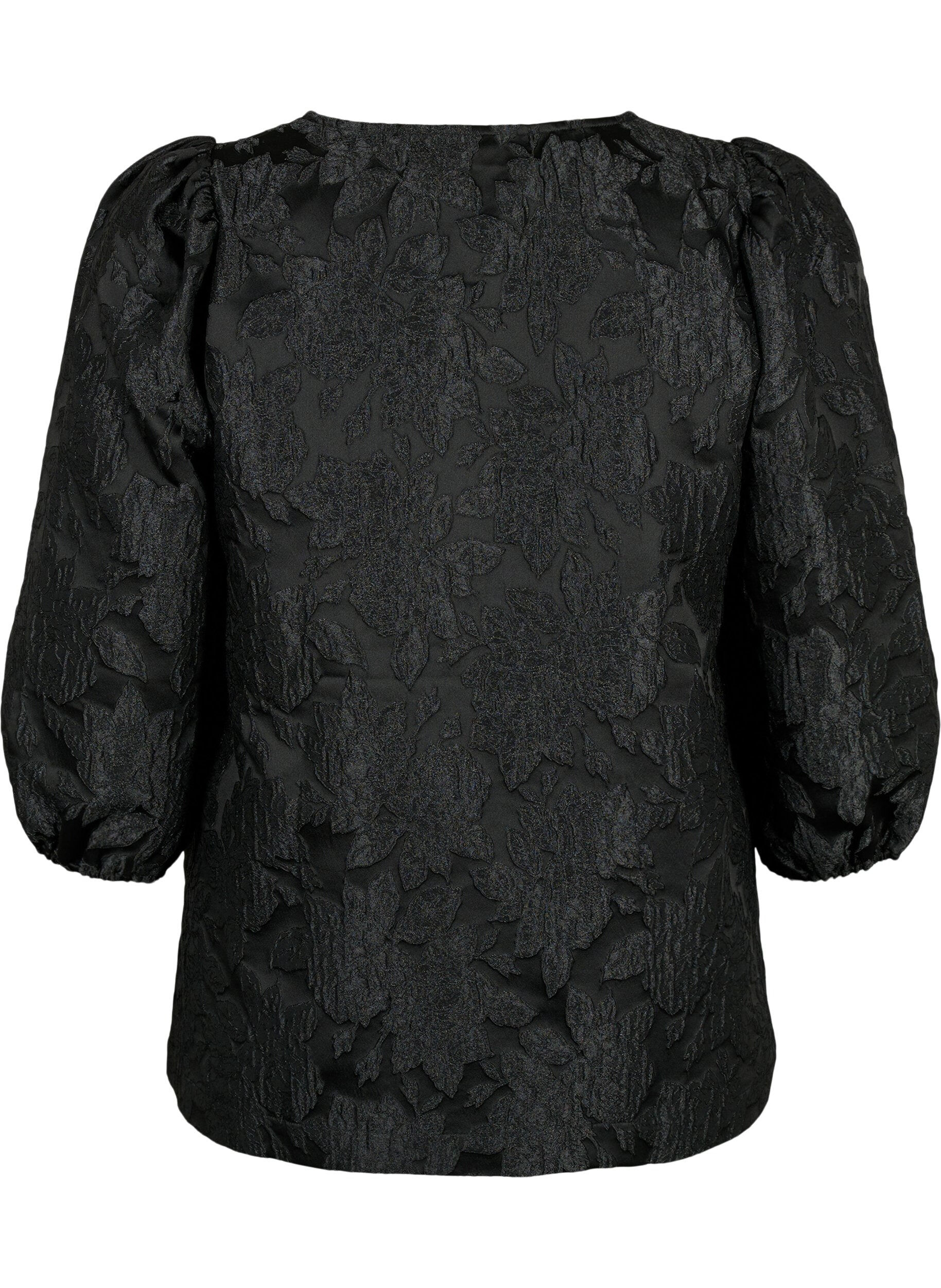 ZizziJacquard blouse met 3/4 mouwen, Black, Packshot image number 1