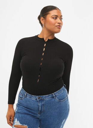 Geribde blouse met lange mouwen en gaatjes, Black, Model image number 0