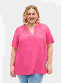 Viscose blouse met korte mouwen en v-hals, Shocking Pink, Model