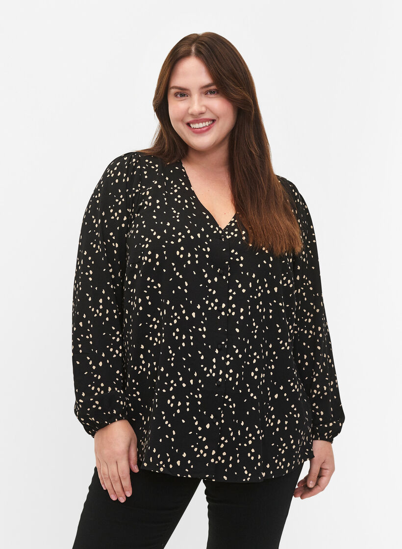 Blouse avec col en V et imprimé, Black Dot AOP, Model image number 0