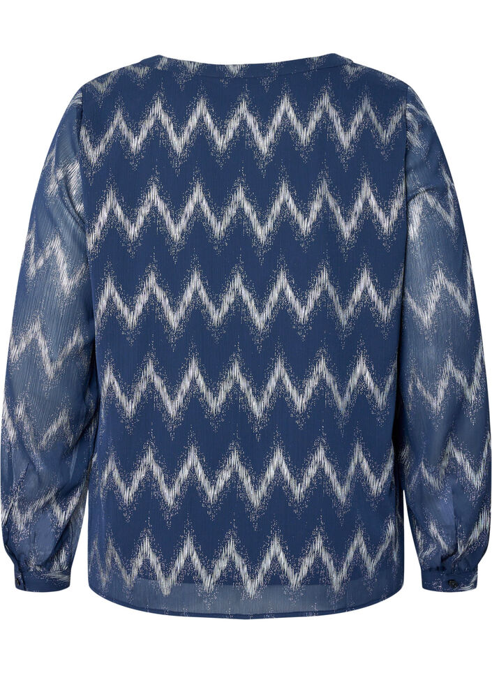 Bedrukte blouse met V-halslijn, Blauw, Packshot image number 1