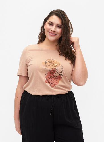 T-shirt en coton à col rond et imprimé, Natural FACE, Model image number 0
