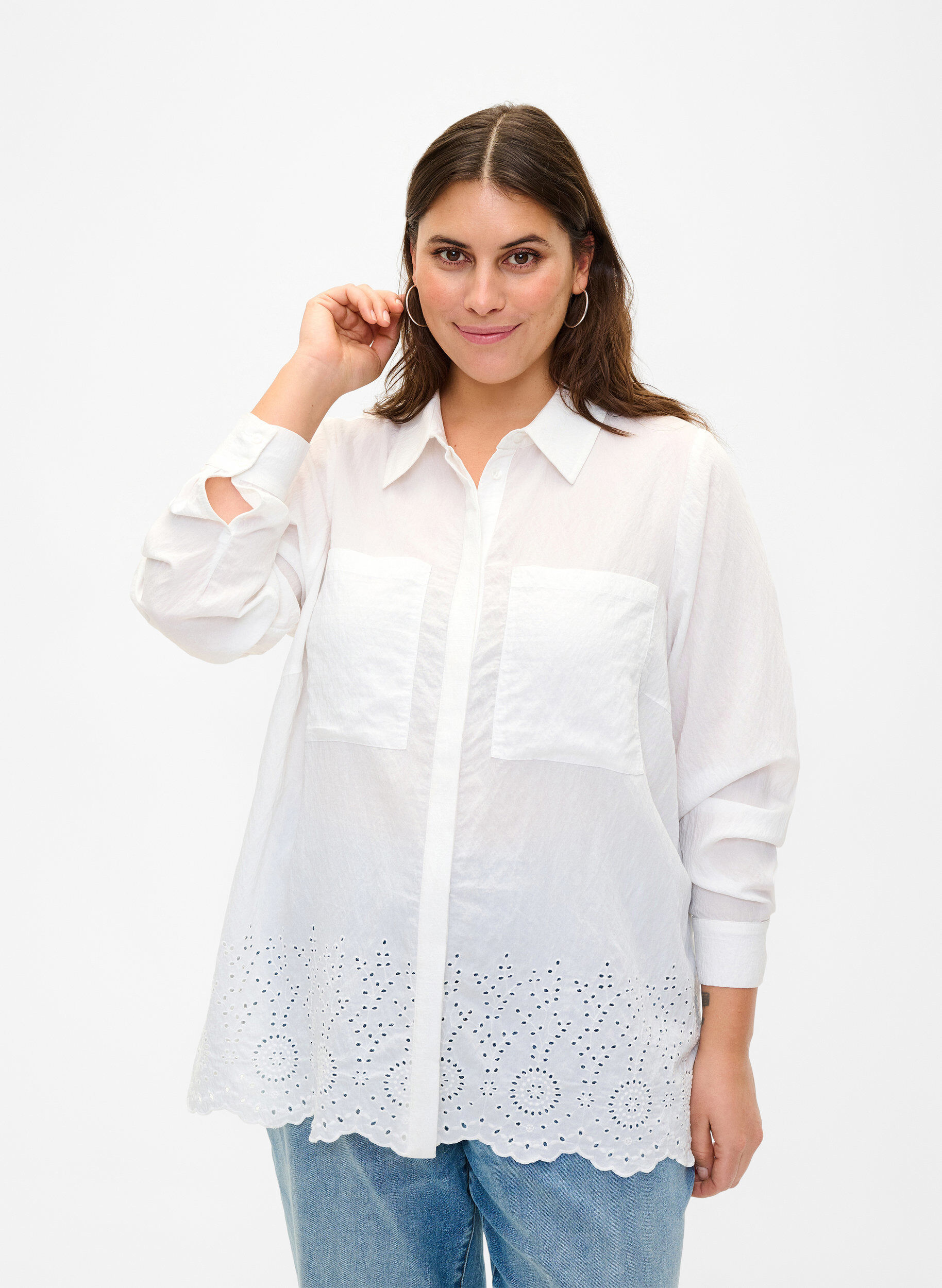 ZizziViscose overhemd met broderie anglaise, Bright White, Model image number 0